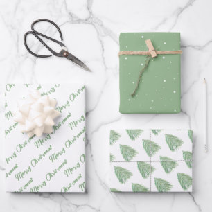 Festive Green Merry Christmas Tree Watercolor Wrapping Paper Sheet