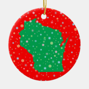 Festive Green on Red Map of Wisconsin Snowflakes Ceramic Ornament