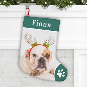 Festive Green Pet Paw Print Monogram Photo Small Christmas Stocking