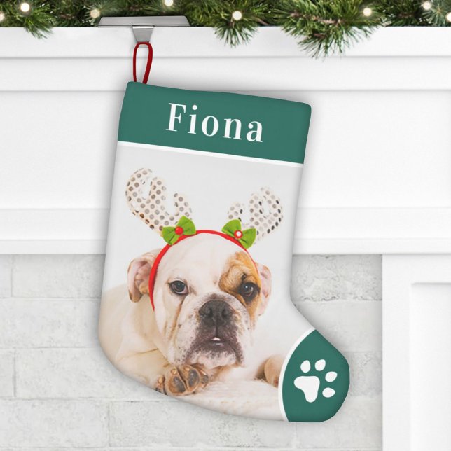 Festive Green Pet Paw Print Monogram Photo Small Christmas Stocking (Creator Uploaded)