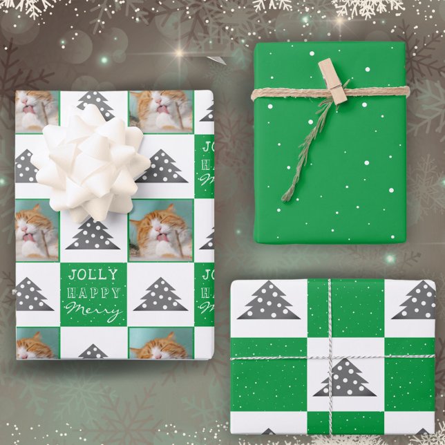 Festive Green Pet Photo Christmas Tree Wrapping Paper Sheet (Creator Uploaded)