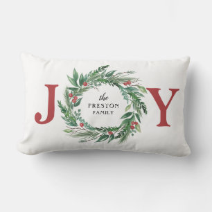 Festive Green Pine Red Berries Holiday JOY Wreath Lumbar Cushion