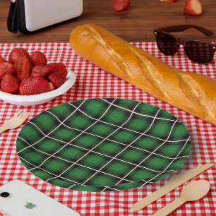 Festive Green Plaid Chequered Pattern Paper Plates