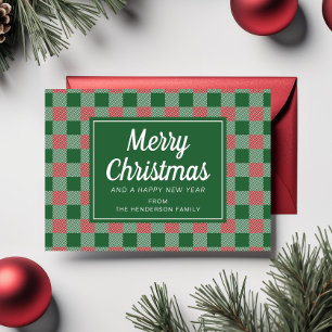 Festive Green Plaid Merry Christmas Script Holiday Card
