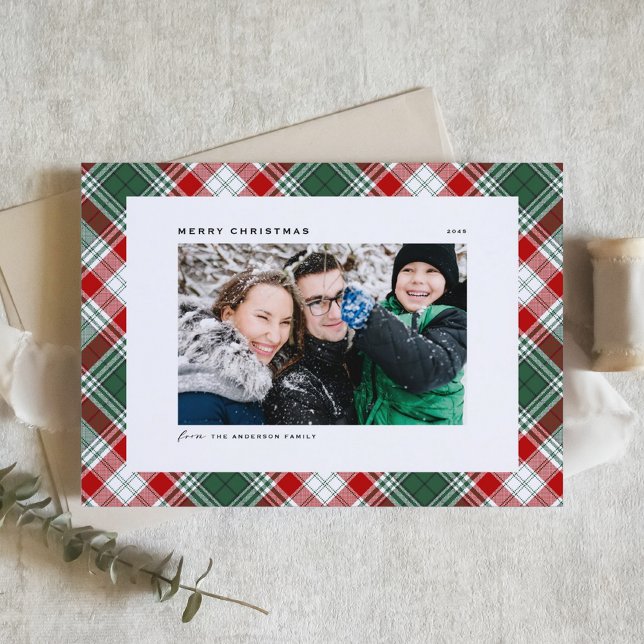 Festive Green Plaid Pattern Merry Christmas Photo (Festive Red and Green Tartan Plaid Pattern Merry Christmas Photo Holiday Card)