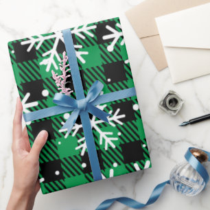 Festive Green Plaid Snowflake Buffalo Check Gift Wrapping Paper