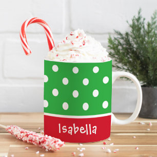 Festive Green Polka Dot Christmas Name Coffee Mug
