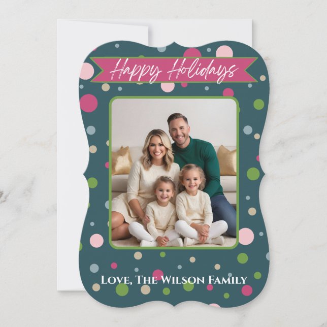 Festive Green Polka Dot Photo Holiday Card (Front)