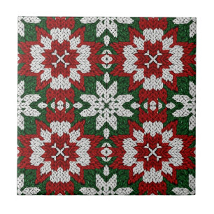 Festive Green Red and White Nordic Knit (2) Ceramic Tile