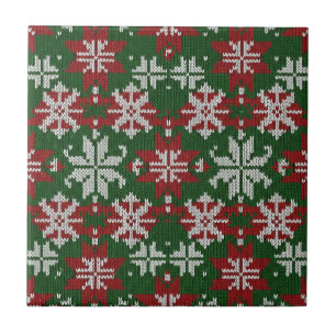 Festive Green Red and White Nordic Knit Ceramic Tile