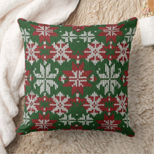 Festive Green Red and White Nordic Knit Cushion