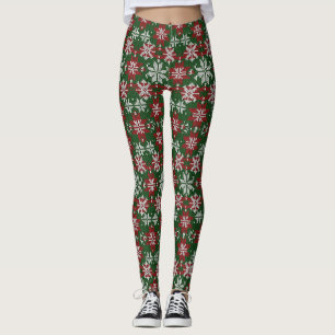 Festive Green Red and White Nordic Knit Leggings