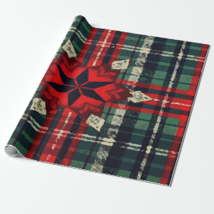 Festive Green, Red & Beige Plaid with Star Center Wrapping Paper