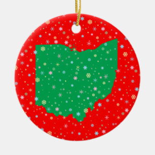Festive Green Red Map of Ohio Snowflakes Ceramic Ornament
