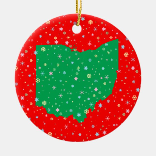 Festive Green Red Map of Ohio Snowflakes Ceramic Ornament (Front)