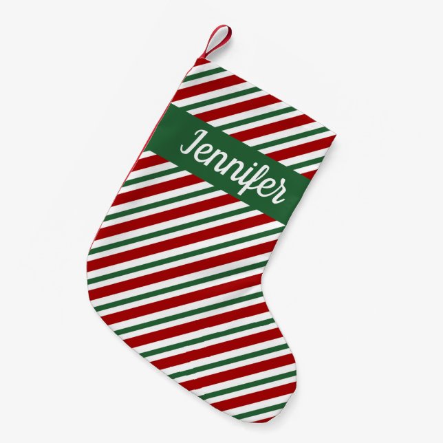 Festive Green Red Striped Merry Christmas Small Christmas Stocking (Front (Hanging))