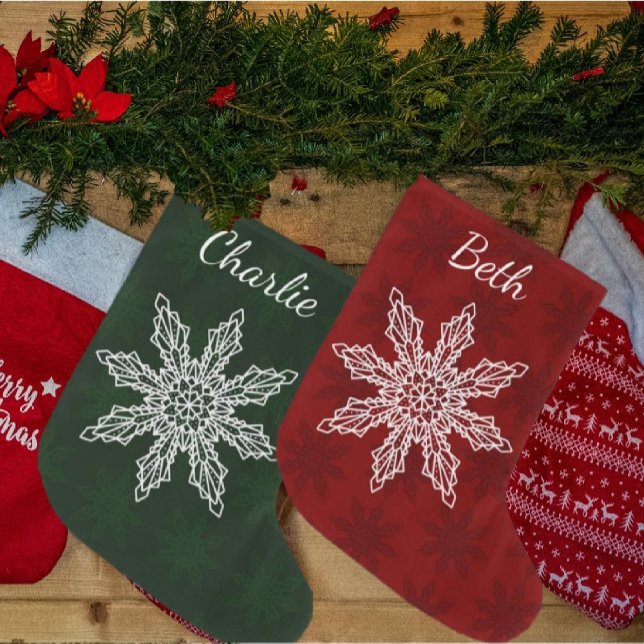 Festive Green Red & White Snowflake Personalised Large Christmas Stocking (Creator Uploaded)