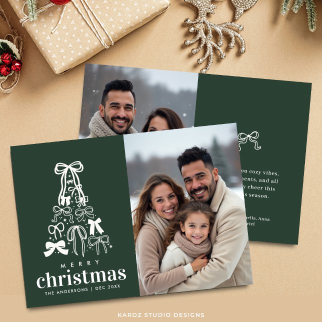 Festive Green Ribbon Photo Two Sided Christmas Holiday Card (Holiday Card shown in 5 x 7 inches. Personalize text, choose paper and corner style before checkout
)