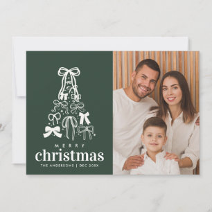 Festive Green Ribbon Photo Two Sided Christmas Holiday Card