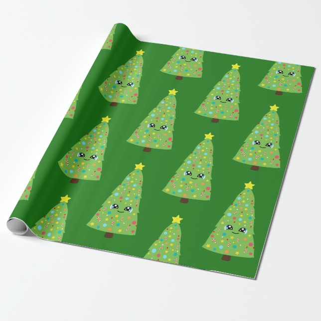 Festive Green Smiling Kawaii Christmas Tree Kid's Wrapping Paper (Unrolled)