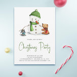 Festive Green Snowman Christmas Party Invitation<br><div class="desc">Cute snowman with animals Christmas invitation for your next holiday celebration. Complemented with beautiful script font and colors,  this invitation will be a delight for adults and kids. Illustrated and designed by Patricia Alvarez.</div>