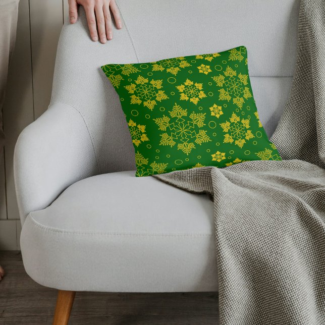 Festive Green Throw Pillow with Golden Snowflakes (Creator Uploaded)