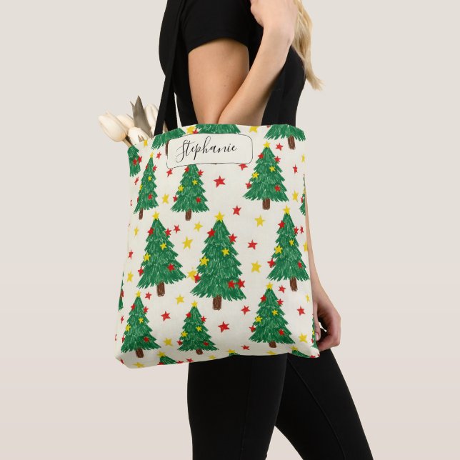 Festive Green Tree Star Everyday Tote Personalized Bag (Close Up)