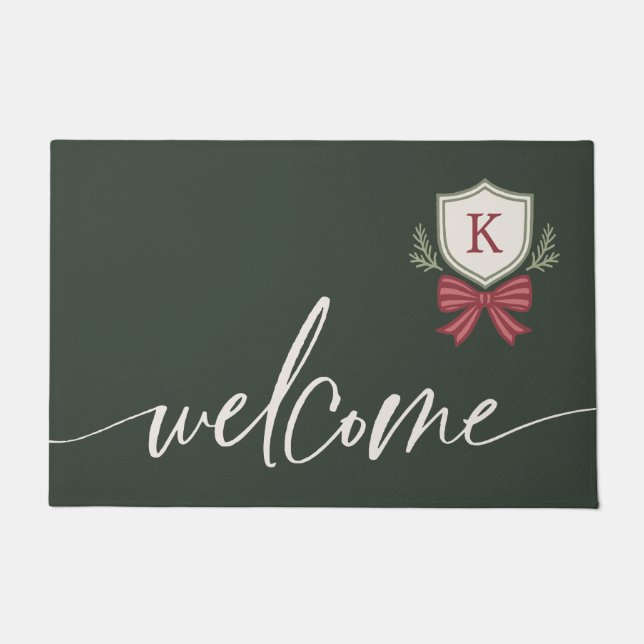 Festive Green Welcome Monogrammed Bow Christmas Doormat (Front)