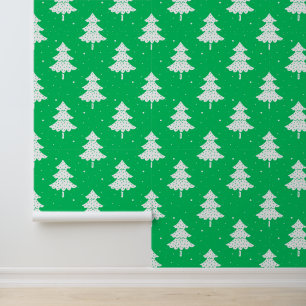 Festive green white Christmas tree pattern tiled Wallpaper