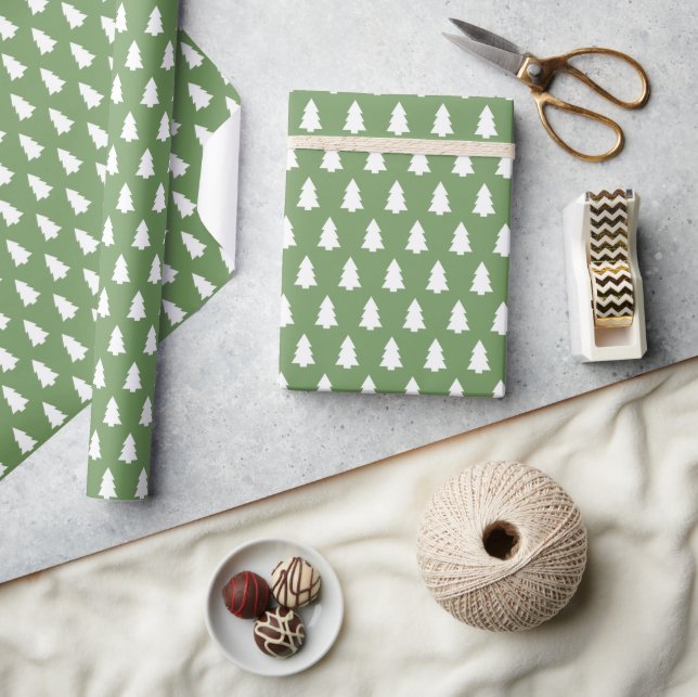 Festive Green White Christmas Tree pattern Wrapping Paper (Crafts)