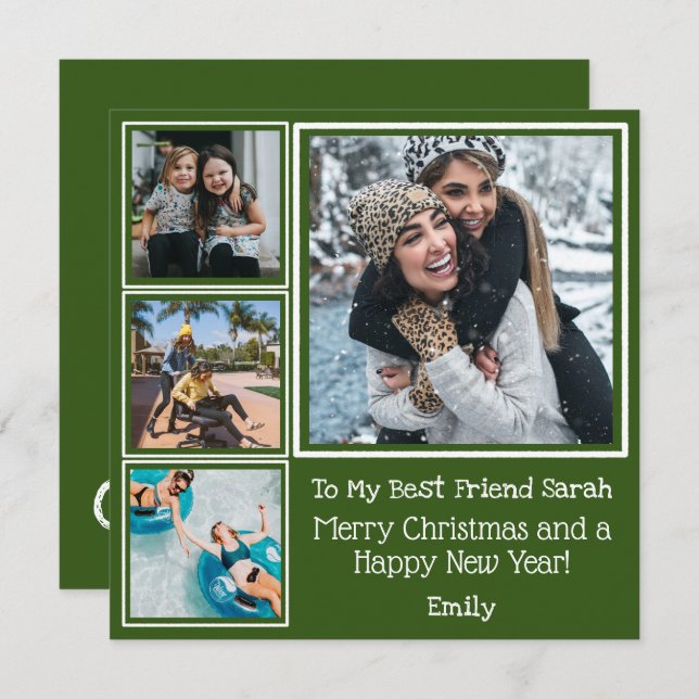 Festive Green White Photo Best Friend Christmas Card (Front/Back)