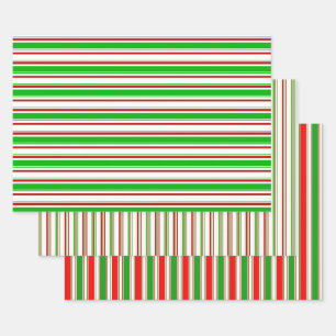Festive Green, White, Red Christmas Themed Lines Wrapping Paper Sheet