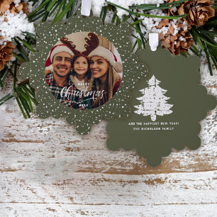 Festive Green White Snow Merry Christmas Photo Tree Decoration Card