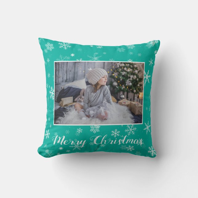 Festive Green White Snowflake Christmas 2 Photo Cushion (Front)
