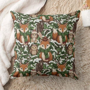 Festive Green Woodland Wildlife Christmas Pattern Cushion