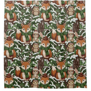 Festive Green Woodland Wildlife Christmas Pattern Shower Curtain