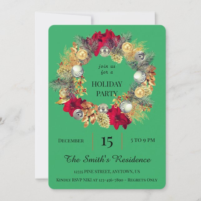 Festive Green Wreath Holiday Party Cute Elegant Invitation (Front)
