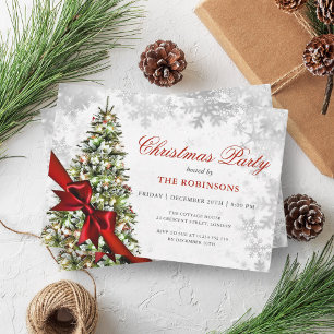Festive Green Xmas Pine Tree, Silver & Red Ribbon  Invitation