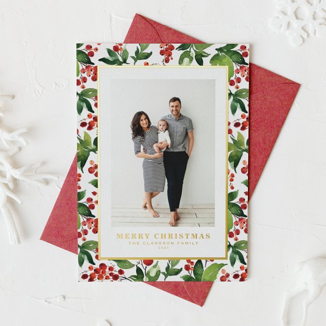 Festive Greenery and Winterberry Photo Christmas Foil Holiday Card (Watercolor Festive Winter Berries and Greenery Photo Merry Christmas Gold Foil Holiday Card)