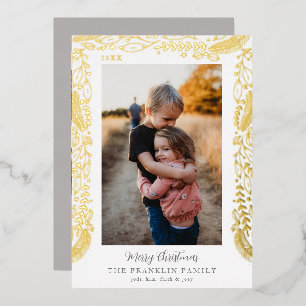 Festive Greenery Border Photo Foil Holiday Card