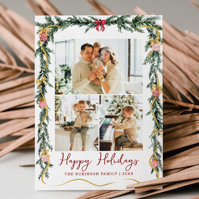 Festive Greenery & Bows Happy Holidays 3 Photo Holiday Card (Creator Uploaded)