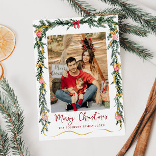 Festive Greenery & Bows Merry Christmas 1 Photo Holiday Card