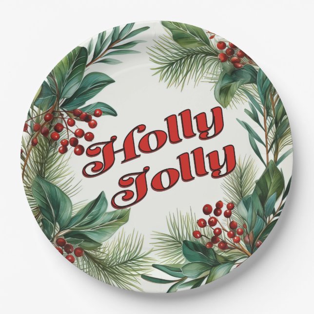 Festive Greenery Christmas Script  Paper Plate (Front)