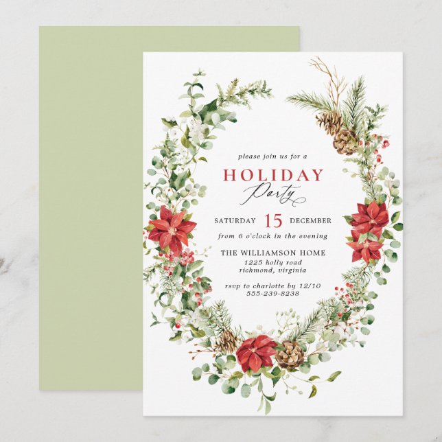 Festive Greenery Elegant Watercolor Holiday Party Invitation (Front/Back)
