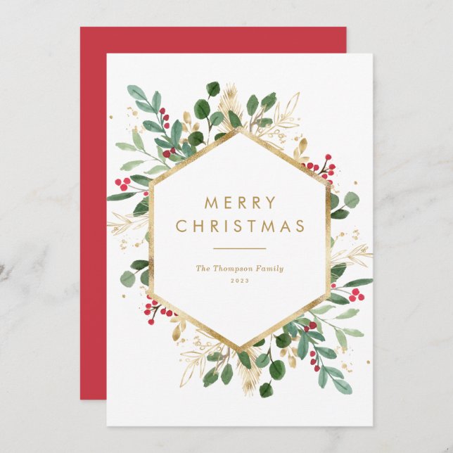 Festive Greenery Gold Foil Frame Merry Christmas Holiday Card (Front/Back)