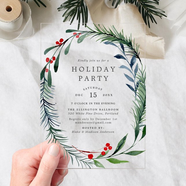 Festive Greenery & Holly Berries Wreath Holiday Acrylic Invitations (Creator Uploaded)