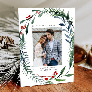 Festive Greenery & Holly Berries Wreath Photo Holiday Card