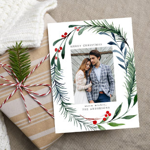 Festive Greenery & Holly Berries Wreath Photo Holiday Postcard