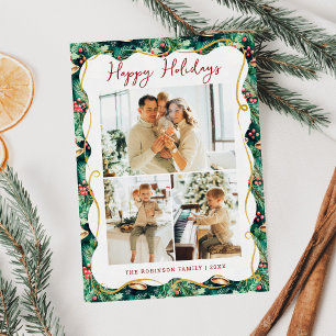 Festive Greenery Pattern Happy Holidays 3 Photo Holiday Card