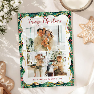 Festive Greenery Pattern Merry Christmas 3 Photo Holiday Card